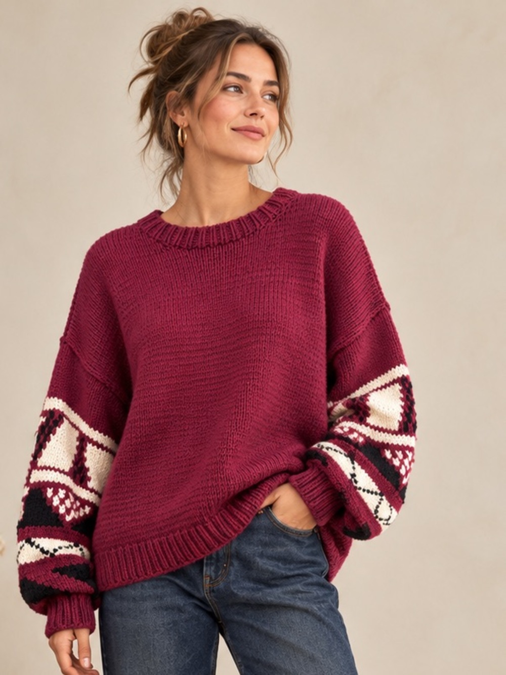 Vintage Hand-Knit Wool Blend Sweater Geometric Sleeves 90s Retro oversized L